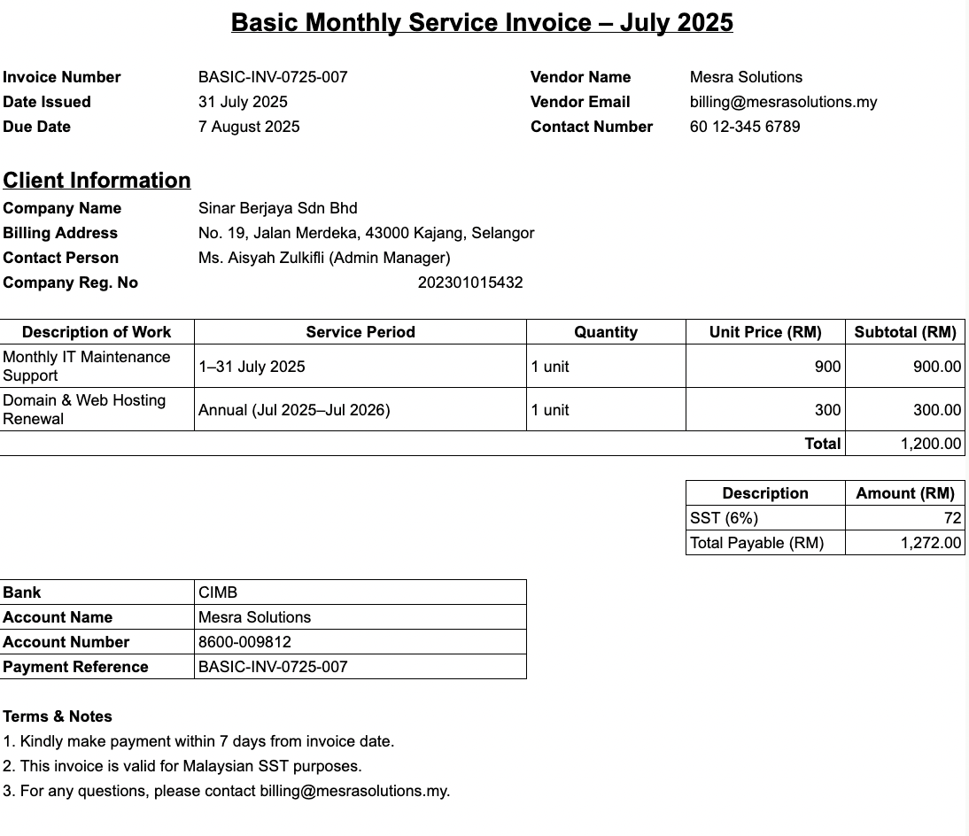Basic Service Invoice